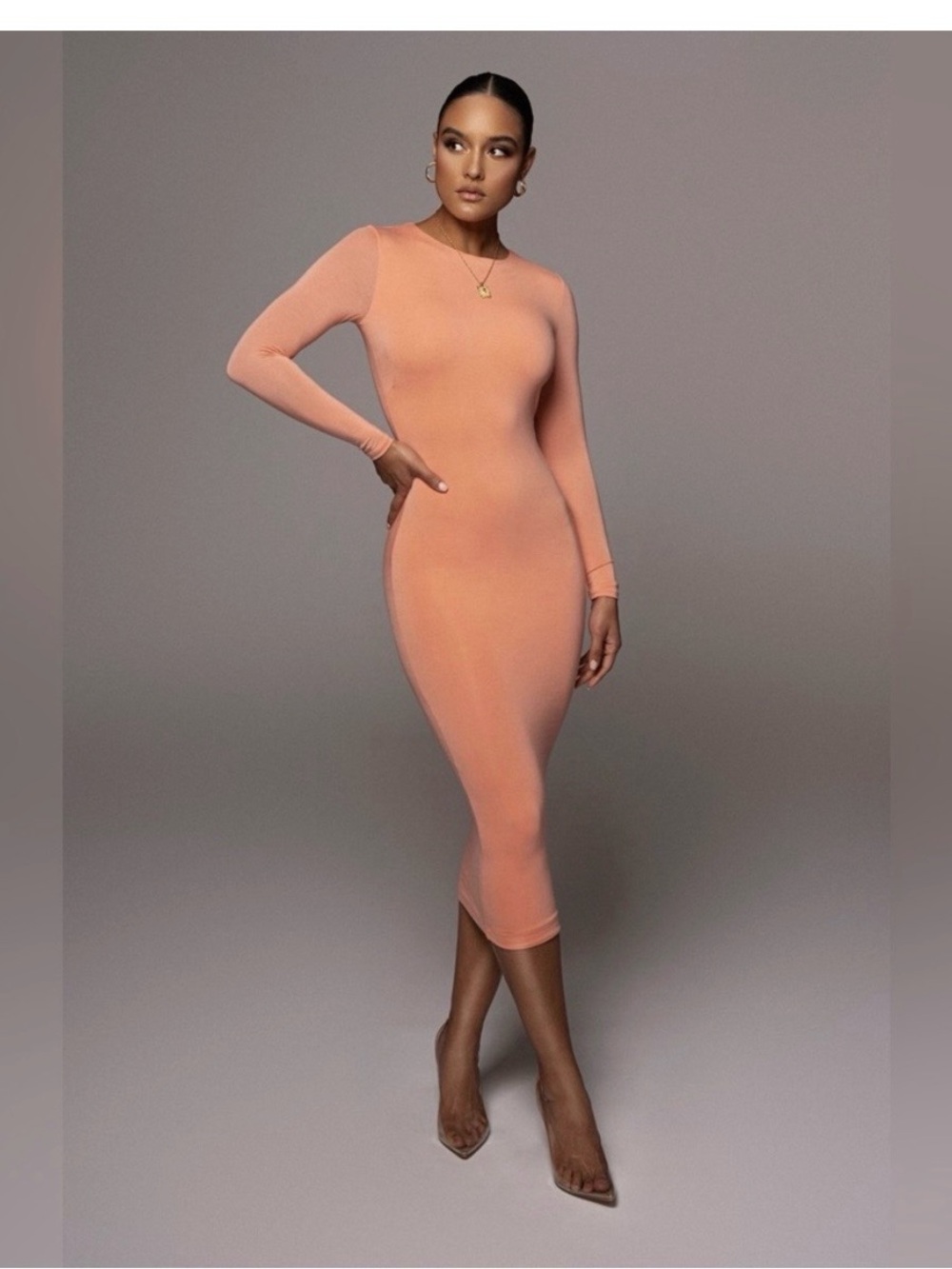 JLUXLABEL Long Sleeve Midi Dress in Coral Peach